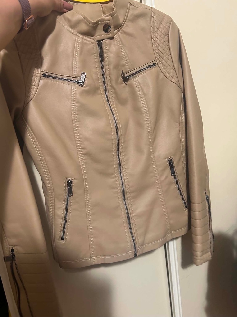 Women’s Beige Faux Leather Biker Jacket